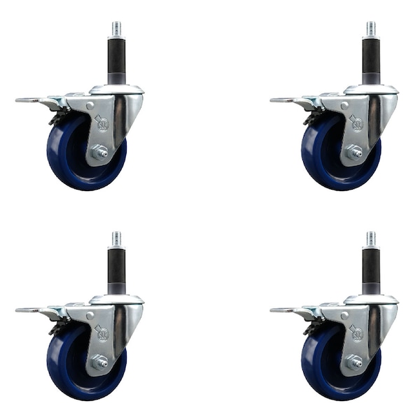 3.5'' Solid Poly Swivel 1'' Expanding Stem Caster Set Total Lock Brake, 4PK